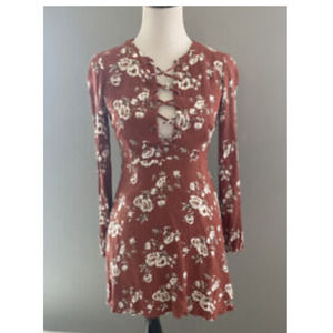 CHLOE & Katie Dress Pink White Floral Lace Up Knee Length A Line Cottage Core